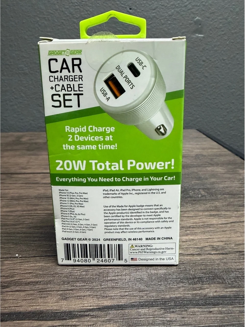2.4A Car Charger Adapter Dual USB Ports with USB-C to 8-pin Cable Set Fast White